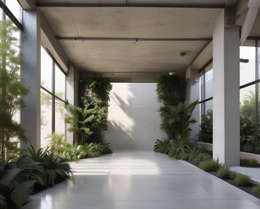 A close-up view of an industrial building facade with vertical ribbed concrete panels and patches of greenery. The plants are protruding from a crevice in the building, adding a touch of nature to the urban setting.