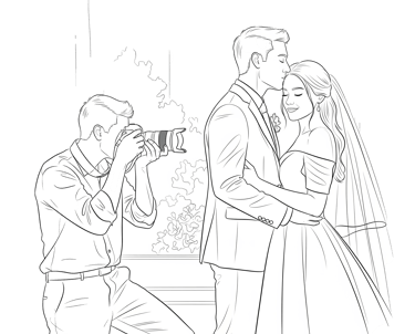 Γραμμική απεικόνιση ενός φωτογράφου που τραβάει μια φωτογραφία ενός ζευγαριού στο γάμο του.