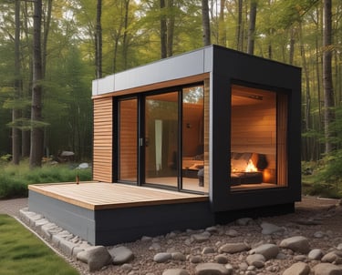 A serene outdoor setting showcasing a modern wooden sauna surrounded by nature.