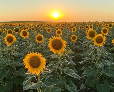 Field of sunflowers at sunset