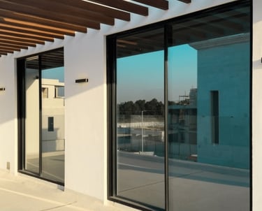 Modern sliding glass patio doors with black frames under a wooden pergola on a sunny terrace.