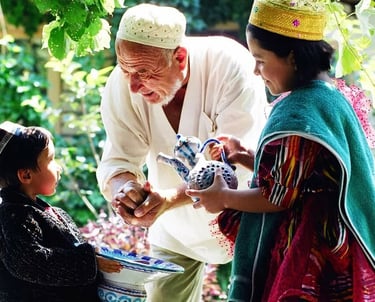 Uzbek grandfather is met by grandchildren