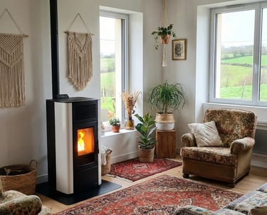 Poêle à granulés entretenu par Ramonage Direct dans un salon en Loire-Atlantique