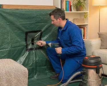 Ramoneur effectuant un ramonage rotatif d'un conduit de cheminée avec protection propreté