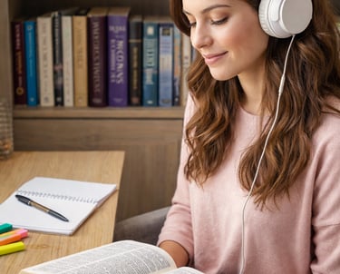 Young woman wearing white headphones reading a book at a desk with a bookshelf background.