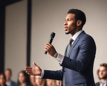 A man in a suit and tie is speaking into a microphone