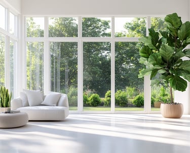 Early fresh sunny morning on display through a white sunroom clean exterior windows on all sides. 