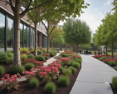 A lush, green garden filled with various types of tall coniferous trees and shrubs under the warm glow of sunlight. The landscape includes a manicured lawn and rock arrangements, evoking a sense of tranquility and natural beauty.