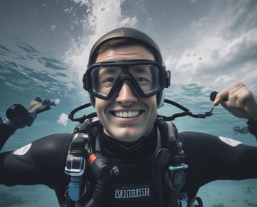 Several scuba diving gear sets, including tanks and hoses, are neatly arranged on a bench on a boat. The background shows clear blue ocean water with gentle waves, indicating a serene environment perfect for diving activities.