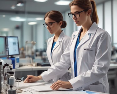 A medical setting with two people, likely healthcare professionals, focusing on a patient who is surrounded by numerous medical devices and monitors. The environment is busy with various tubes and equipment connected to the patient.