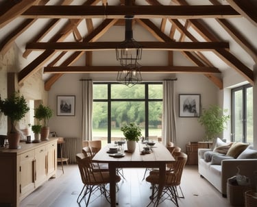 dining room in house with beams