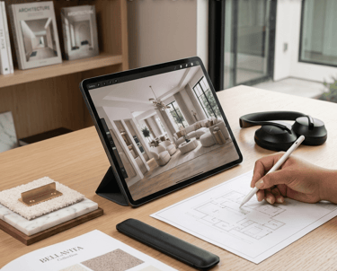 Interior designer uses a tablet and stylus to review floor plans and virtual room renders at a desk.
