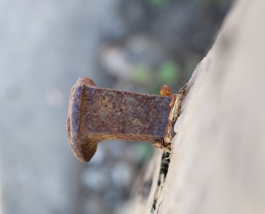 Large rusted nail protruding from an unidentified surface on a blurred background. 