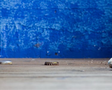 Two bottle caps laying flat on a floor against a dark blue wall.