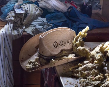 Cowboy straw hat covered with pieces of insulation.