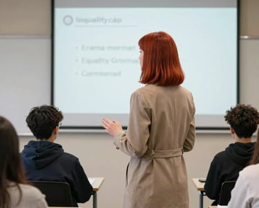 A facilitator leading a small workshop with attentive participants in a cozy room.