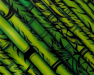 a bunch of bamboo sticks with green and black ink