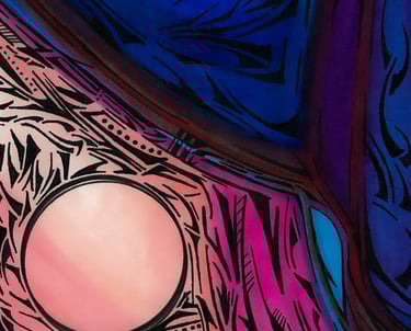 a close up of a colorful colored painting of a clock
