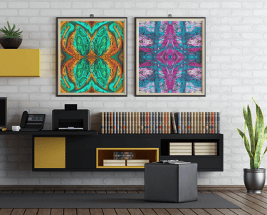 a living room with a large painting of a butterfly