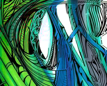 a painting of a green eye with a blue eye