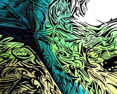 a close up of a colorful painting of a cat
