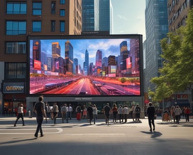 Outdoor LED billboard showcasing a bright advertisement on a busy city street at dusk.