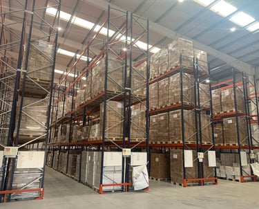 tall pallet racking in narrow aisle configuration with rack end protectors  