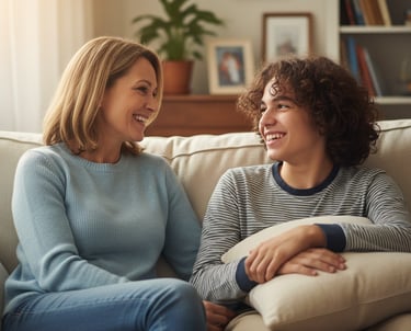 A realistic image of a mother teaching her child to read or helping with homework at a kitchen table