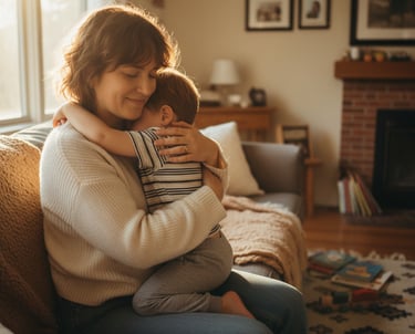 A loving mother hugging her child at home, showing the emotional bond between mother and child