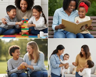 Different mothers and children spending time together, showing that every family relationship is uni