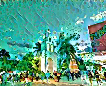 a stylized image of a church and main square in Playa del Carmen, Mexico