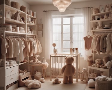 A shopping aisle filled with shelves stacked with boxes of diapers. A large box labeled 'Evenflo Omni Plus' is prominently placed in a shopping cart. Other diaper brands such as Pampers are visible on the shelves. The setting appears to be a supermarket or a retail store with fluorescent lighting.