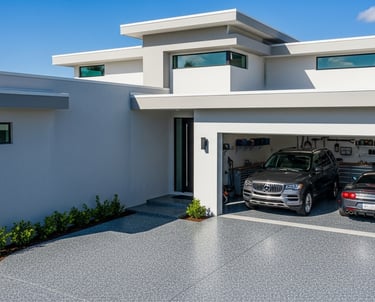 Modern home with two car garage and polyaspartic driveway