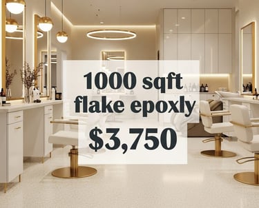 Promotion for luxury hair salons featuring flake epoxy flooring with a $3,750 offer 1000 sqft