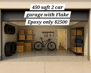 Promotional image for 2 car garages featuring flake epoxy flooring with a $2.500 offer 450 sqft
