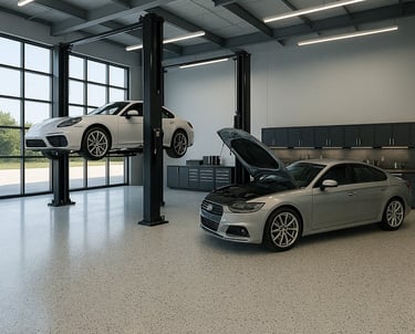 mechanic garage with durable flake epoxy 