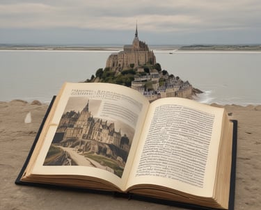 An open book with text in a foreign language is held by a person. The pages are filled with paragraphs, and the book has a hardcover with a light brown edge. In the background, the image is slightly blurred, showing indistinct colorful shapes suggesting people or objects.