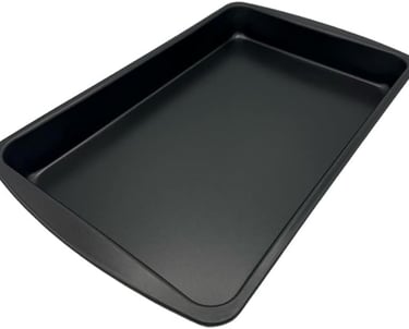 a black rectangular baking dish with a black plastic tray
