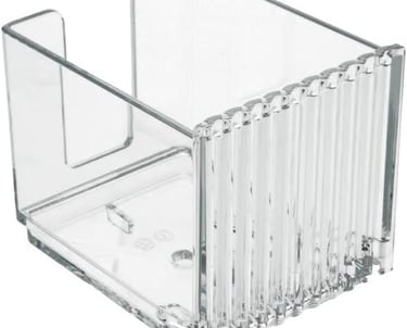 a clear plastic magazine holder with a clear glass