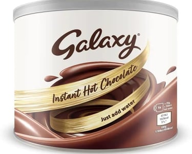 A 370g tin of Galaxy Instant Hot Chocolate powder with swirl graphics.