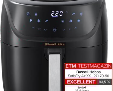a black and white air fryer with a clock on it