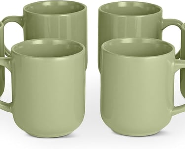 Set of six olive green ceramic coffee mugs with large handles on a white background.