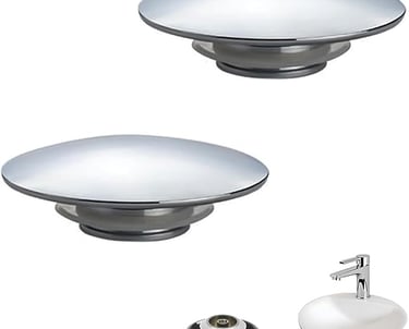 Two chrome pop-up sink drain stoppers and a white ceramic vessel sink with modern faucet.
