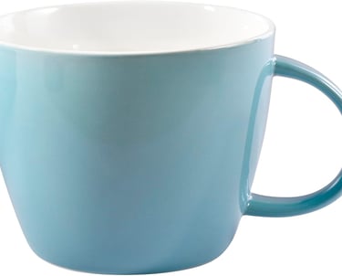 Light blue ceramic coffee mug with a white interior and large handle for tea or hot cocoa.