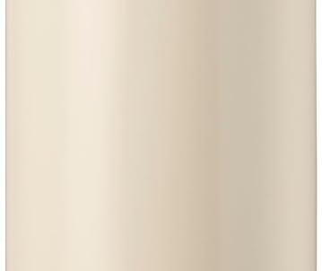 a cream colored trash canister with a black handle