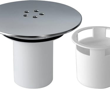 a white toilet with a metal drainet and a cup holder