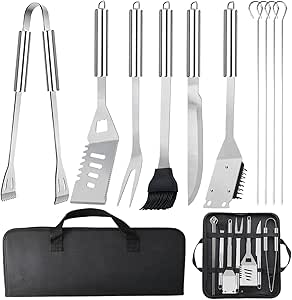Professional stainless steel BBQ grill tool set with tongs, spatula, and skewers in a black carrying case.