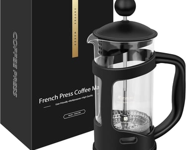 a french press coffee maker with a black box