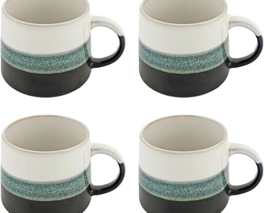 Set of four ceramic coffee mugs with a three-tone ombre design in cream, teal, and charcoal grey.
