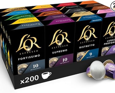 L'OR Espresso aluminum coffee capsules 200 count variety pack for Nespresso machines.